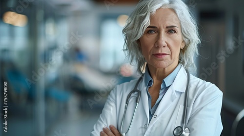 Portrait of professional old white female doctor with arms crossed in hospital