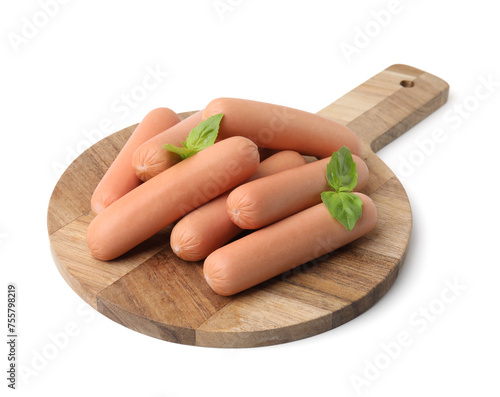 Delicious boiled sausages and basil isolated on white