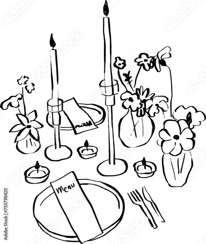 Dibujo a mano de mesa de cena. Ilustración vectorial de mesa servida y decorada con flores y velas. Arte en líneas minimalista. Ilustración  para invitaciones, papelería, imprimibles, redes sociales