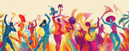 Brazilian carnival and festival! Vector abstract holiday illustration with people, dancers and musicians. Party drawing for poster