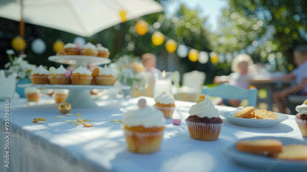 Realistic photo, an outdoor children's birthday table, front view it's summer, it's clear with a white light