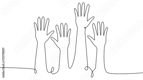 continuous single line drawing of a group of hands raised up. The concept of voting, elections