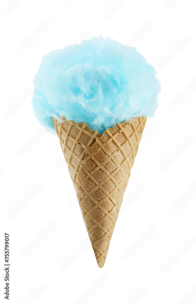Sweet cotton candy in waffle cone isolated on white Sweet cotton candy in waffle cone isolated on white