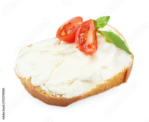 Bread with cream cheese, tomato and basil leaves isolated on white