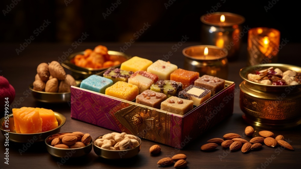 Diwali sweets and mithai in decorative boxes