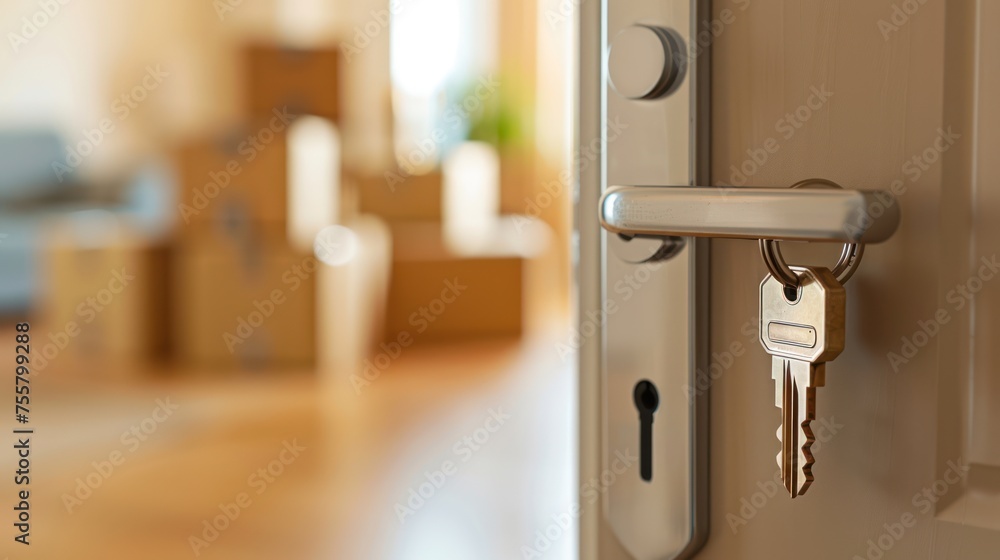 Fototapeta premium Key in the door lock in front of an open apartment with moving boxes