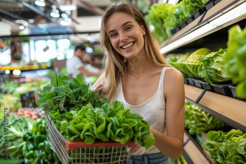 A cheerful and smiling woman customer pushing a shopping cart filled with fresh groceries down the supermarket aisle. the joy of products shopping.
