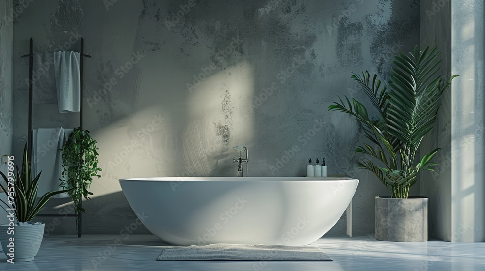 A modern bathroom with a large soaking tub, a gray and white color scheme, and a few plants. The room is decorated with a minimalist design and a few abstract paintings. A modern bathroom with a large soaking tub, a gray and white color scheme, and a few plants. The room is decorated with a minimalist design and a few abstract paintings.