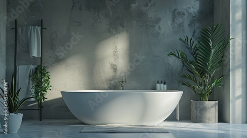A modern bathroom with a large soaking tub, a gray and white color scheme, and a few plants. The room is decorated with a minimalist design and a few abstract paintings.