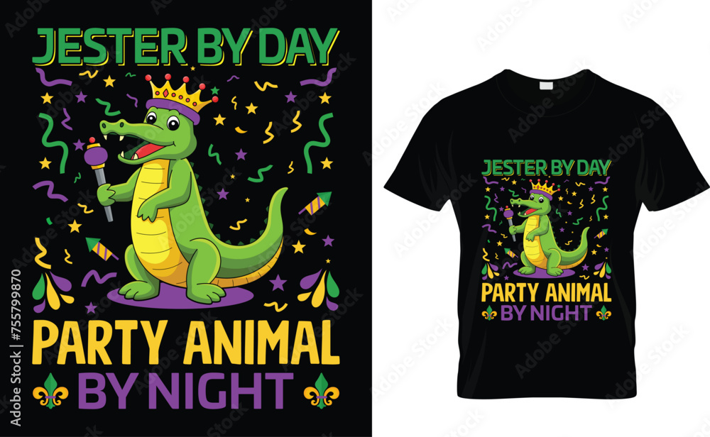 Jester by day party animal by night Mardi Gras T-Shirt Design