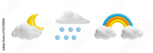 3D weather forecast vector icon set, cartoon moon, rainbow, snowflakes and fluffy clouds, realistic plasticine objects
