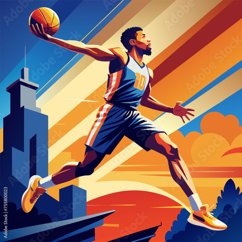 Basketball player in a jump with the ball in his hands. Outdoor sports. Vector illustration