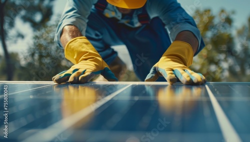 A man wearing yellow gloves and a hard hat working on a solar panel roof in the style of an installation Generative AI