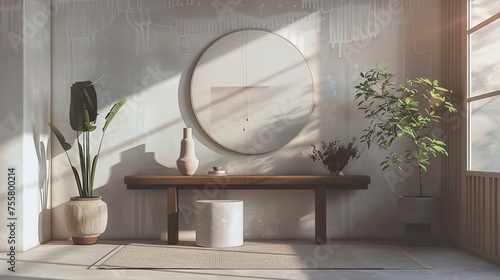 A modern entryway with a large mirror, a minimalist console table, and a few plants. The room is decorated with a neutral color palette and a few abstract paintings.