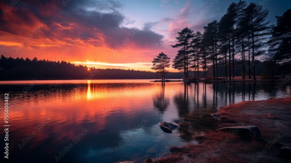 Moody sunset over a tranquil lake