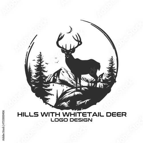 Hills With Whitetail Deer Vector Logo Design