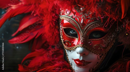 Mysterious venetian mask adorned with red feathers. perfect for carnival or masquerade ball. embodied elegance and intrigue in a classic design. AI