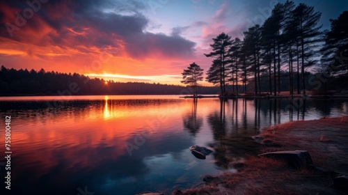 Moody sunset over a tranquil lake