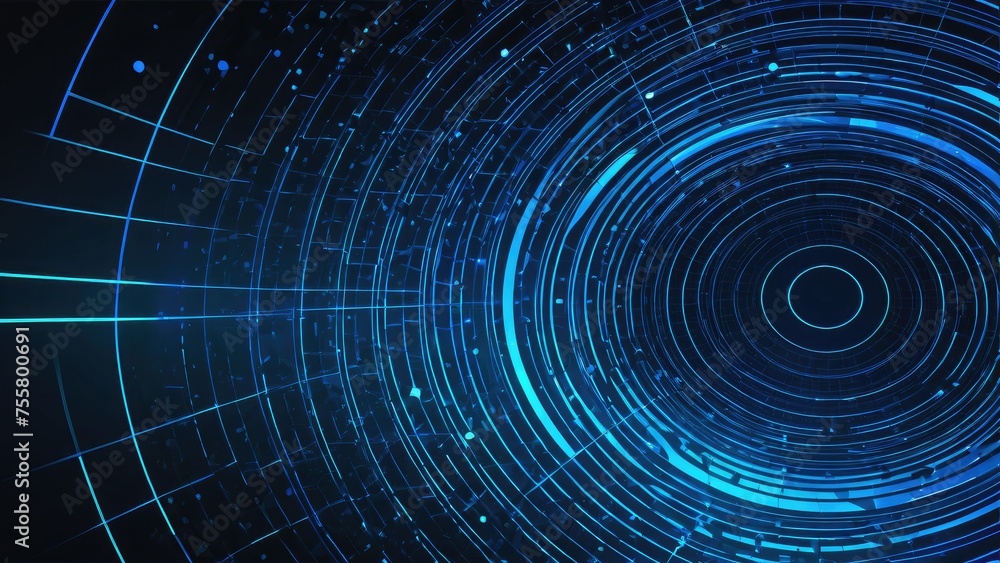 Blue glowing circles create a web of minimal, round lines on an abstract, futuristic tech background, vector digital art, use of gradients to suggest depth, lines intersecting at varying angles Blue glowing circles create a web of minimal, round lines on an abstract, futuristic tech background, vector digital art, use of gradients to suggest depth, lines intersecting at varying angles