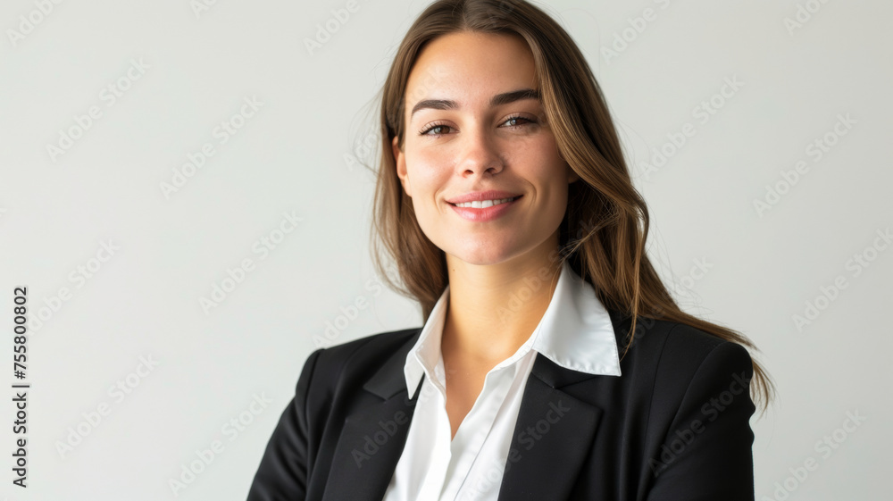 Confident businesswoman poses with a welcoming smile. Confident businesswoman poses with a welcoming smile.