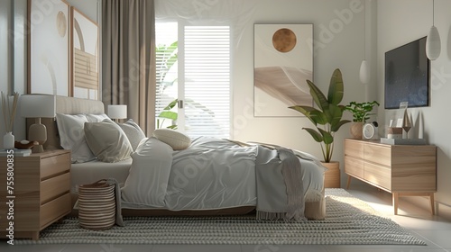 A modern guest bedroom with a large bed, a few plants, and a minimalist dresser. The room is decorated with a soft color palette and a few abstract paintings.