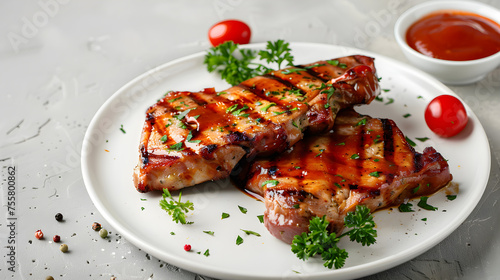Grilled pork ribs on a plate with sauce