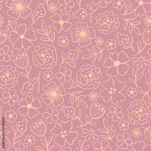 Floral seamless pattern in warm pink tones. Doodle style. Seamless pattern with line art flowers. Vector illustration.
