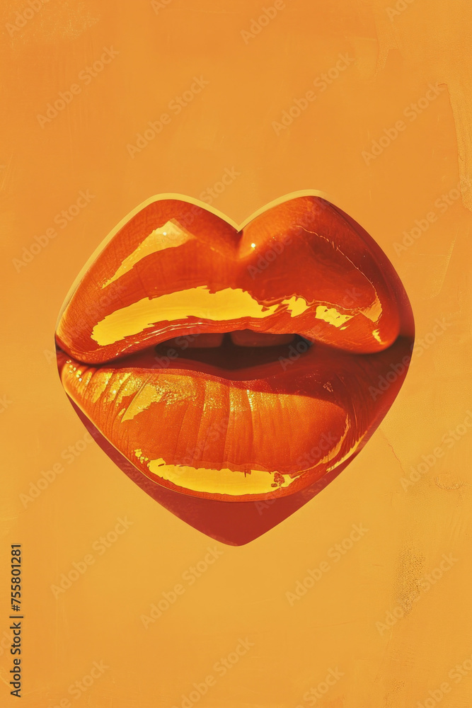 Vibrant orange lipstick on a sunny yellow background with the playful message kiss me written in bold letters Vibrant orange lipstick on a sunny yellow background with the playful message kiss me written in bold letters