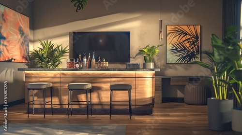 A modern home bar with a few stools, a large TV, and a few plants. The room is decorated with a warm color palette and a few abstract paintings, creating a cozy and inviting atmosphere.