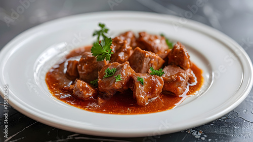 Succulent beef stew in white bowl