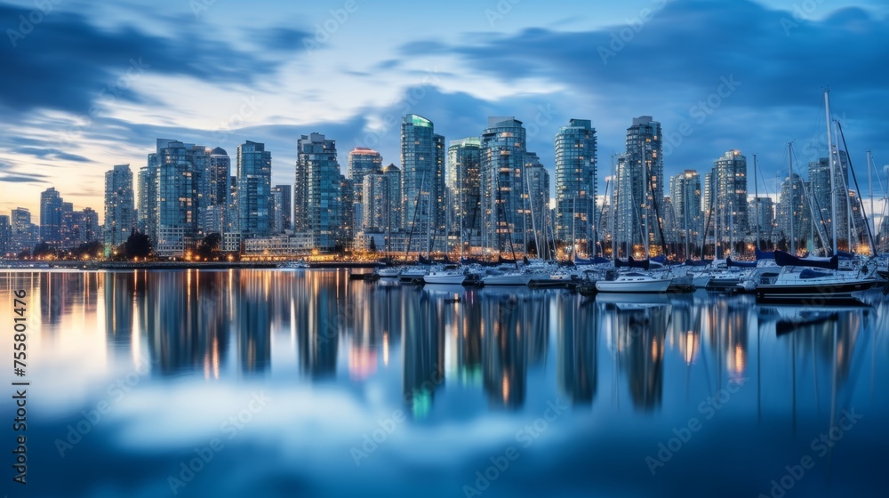 Naklejka premium The reflection of a cityscape in a calm harbor