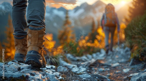 A person is walking on a rocky path with a backpack. The person is wearing boots and has a backpack on their back. Concept of adventure and exploration, as the person is hiking through the mountains