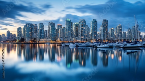 The reflection of a cityscape in a calm harbor