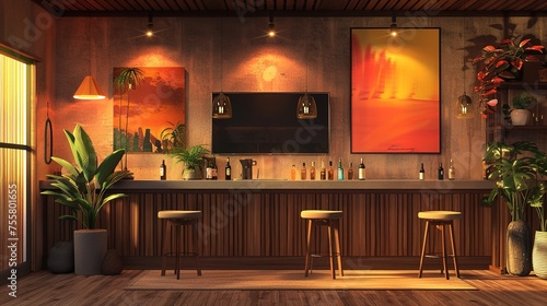 A modern home bar with a few stools, a large TV, and a few plants. The room is decorated with a warm color palette and a few abstract paintings.