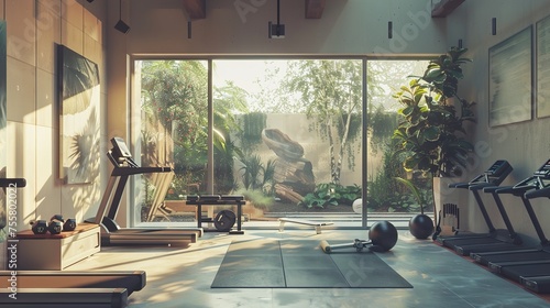 A modern home gym with a few workout machines, a large window overlooking a garden, and a few plants. The room is decorated with a gray and white color scheme and a few abstract paintings.