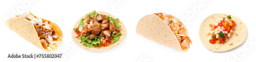 Different delicious tacos isolated on white, set