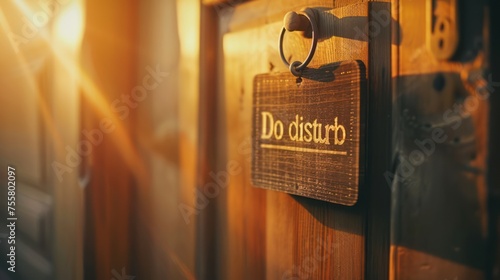 Text "Do not disturb" wooden plate sign which is hanging on the door handle.