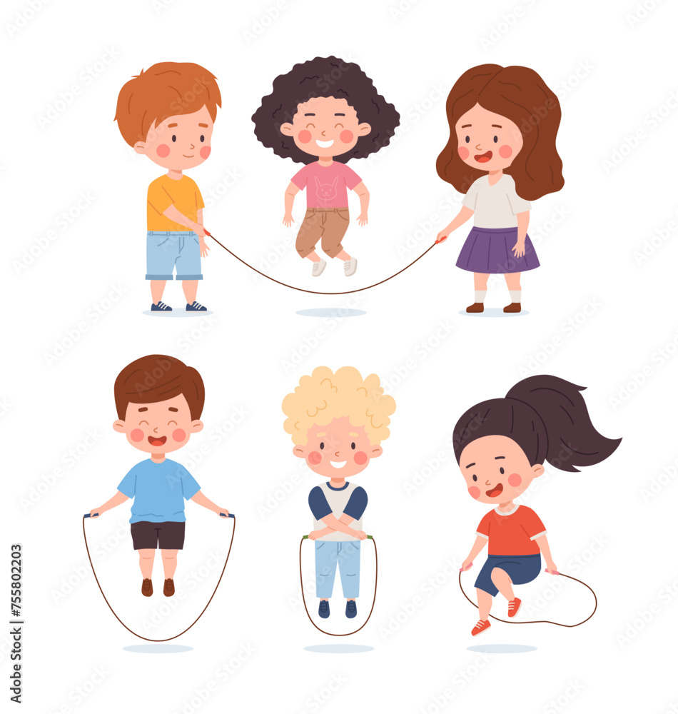 Set of happy children jumping rope flat style, vector illustration Set of happy children jumping rope flat style, vector illustration