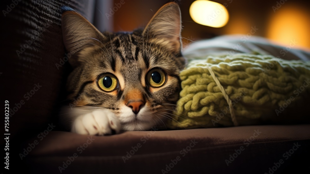 A cat's loving gaze as it watches its owner from a cozy spot A cat's loving gaze as it watches its owner from a cozy spot