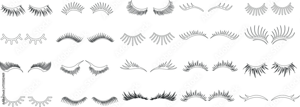 diverse eyelash styles collection. Hand drawn eyelashes, Perfect for beauty, makeup, cosmetics, personal care. Natural to decorative, upper and lower lashes