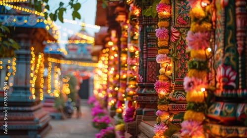 Festive Temple Decor with Lights and Floral Garlands During an Indian Ceremony © pkproject