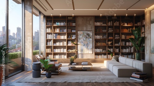 A modern home library with a few bookshelves, a large window overlooking a cityscape, and a few plants. The room is decorated with a neutral color palette and a few abstract paintings.