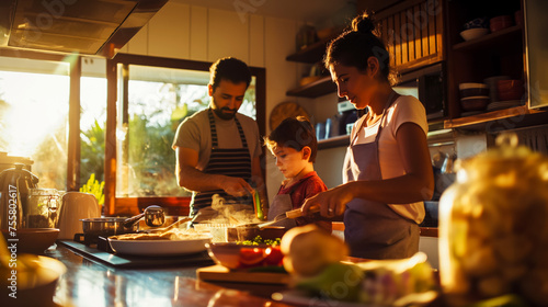 Early sunny morning, son with parents preparing dietary breakfast in the kitchen on a sunny weekend day, place for family day concept