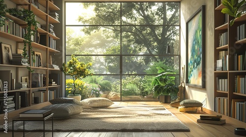 A modern home library with a few bookshelves, a large window overlooking a garden, and a few plants. The room is decorated with a neutral color palette and a few abstract paintings.