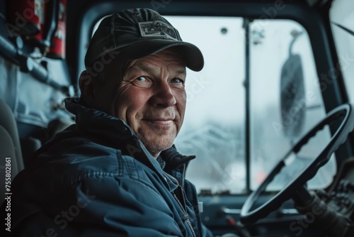An older truck driver sits in the cabin behind the wheel, smiling and looking happy © Lars