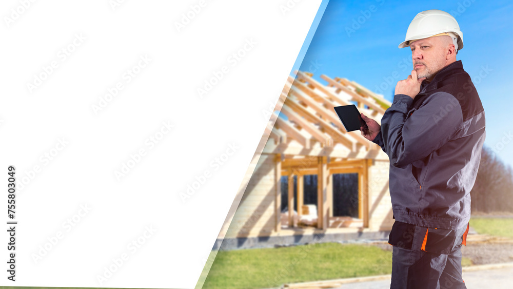 Builder thought. Man worker scratches chin. Builder near frame of wooden house. Copy space. Construction banner template. Man in gray builder uniform. Construction office worker holding tablet Builder thought. Man worker scratches chin. Builder near frame of wooden house. Copy space. Construction banner template. Man in gray builder uniform. Construction office worker holding tablet