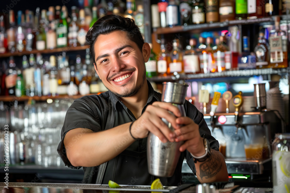 Smiling Latin american Male Bartender Shaking a Cocktail at the Bar