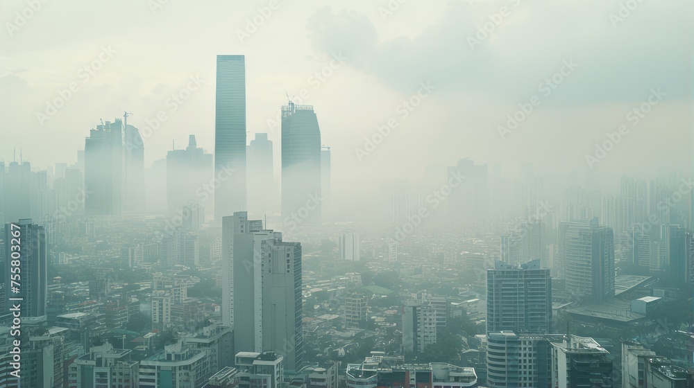 A polluted cityscape with reduced visibility due to smog