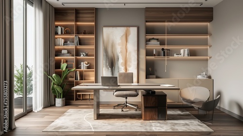 A modern home office with a large desk, a few plants, and a minimalist bookshelf. The room is decorated with a neutral color palette and a few abstract paintings.