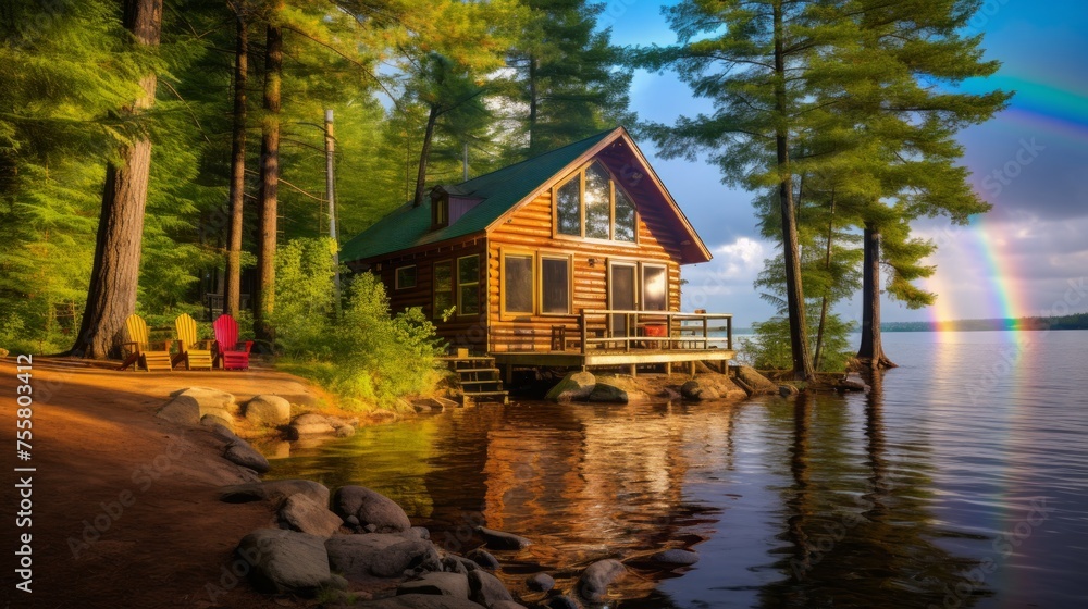 A rainbow arching over a serene lakeside cabin A rainbow arching over a serene lakeside cabin